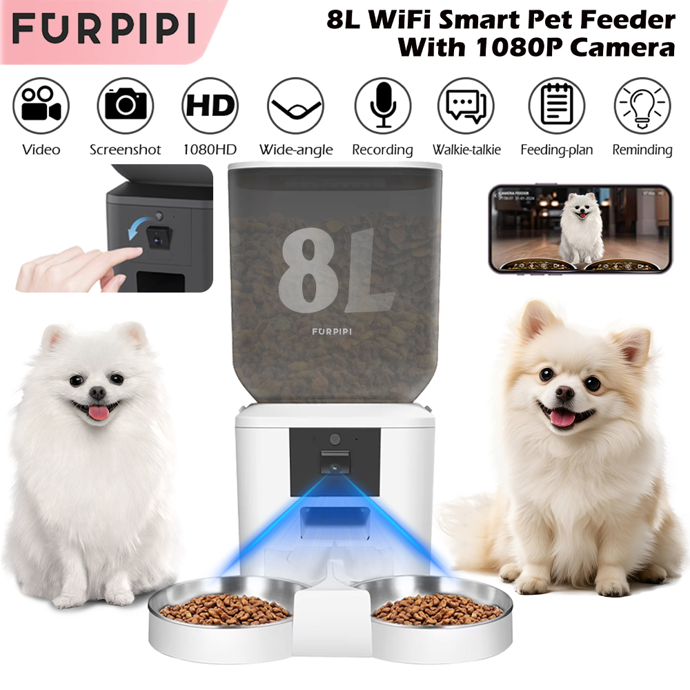 Kitchen Appliances Video - 8L自動給餌器、1080Pカメラ付きビデオWiFi猫用フードディスペンサー、ペットスマートボイスレコーダー、リモコン付きペット自動給餌器