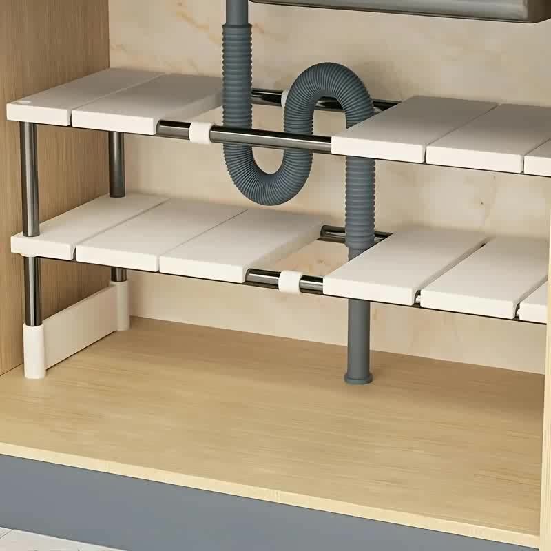 Kitchen Appliances Cabinet - 調節可能なシンク下収納ラック - ステンレス製多層省スペース収納ラック、キッチンやバスルームのキャビネットに最適、耐久性のある木製ではないデザイン、取り付け簡単、多機能シンク下棚、調理器具や掃除用品に最適、複数の積み重ね可能なユニットで購入可能