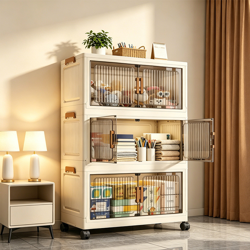 Kitchen Appliances Cabinet - 19.7インチ 3/4/5/6段折りたたみ式収納キャビネット（ホイール付き）、積み重ね可能なプラスチック製収納オーガナイザー（磁気ドア付き）、寝室、リビングルーム、キッチン、パントリー用の折りたたみ式収納棚、組み立て不要、ベージュ