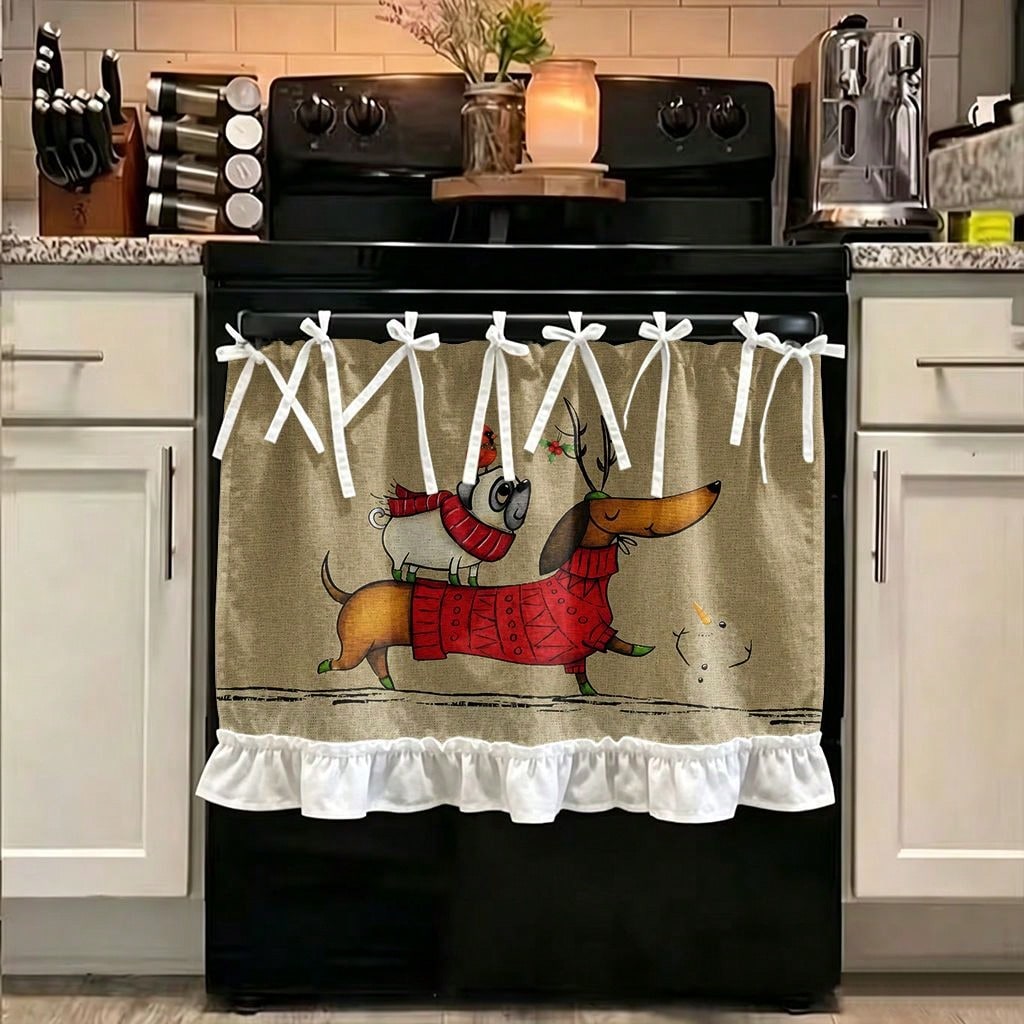 Kitchen Appliances Cabinet - 1枚入りキッチンストーブ防塵カバー、キャビネット装飾カーテン、赤いセーターを着たダックスフントがトナカイに乗る2Dプリント、多機能オーブン保護カーテン、オーブンストーブカバー、家電装飾カバー、日常のキッチン装飾に最適